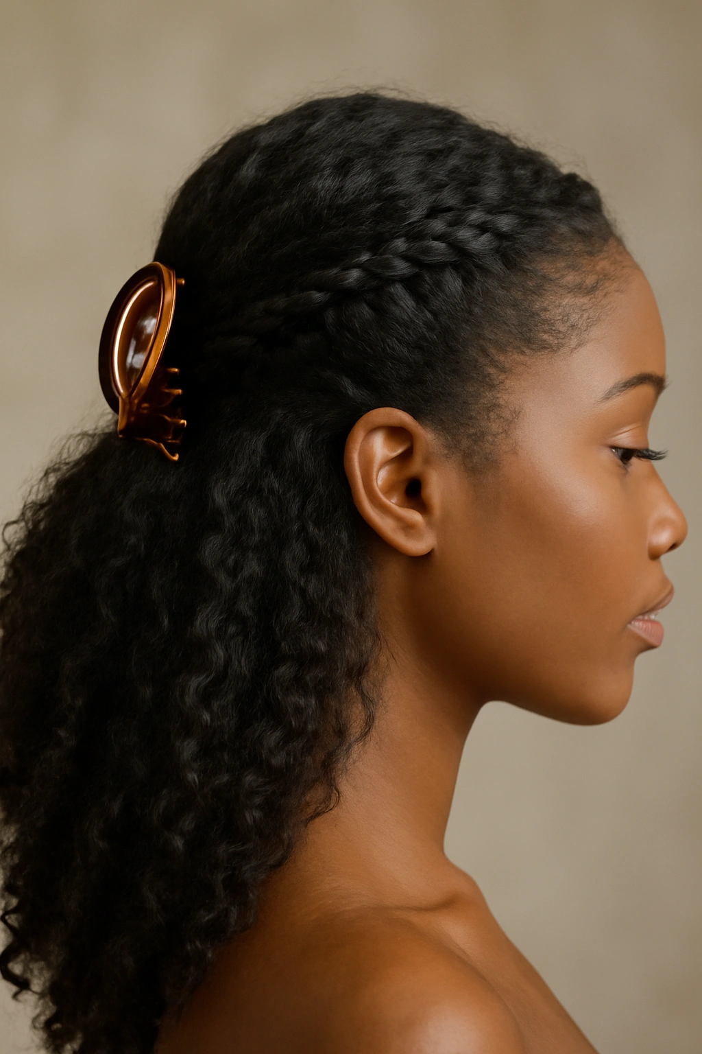 10 Claw Clip Hairstyles That Work for Black Hair 5 Curved front clip holding a braided section with cascading hair