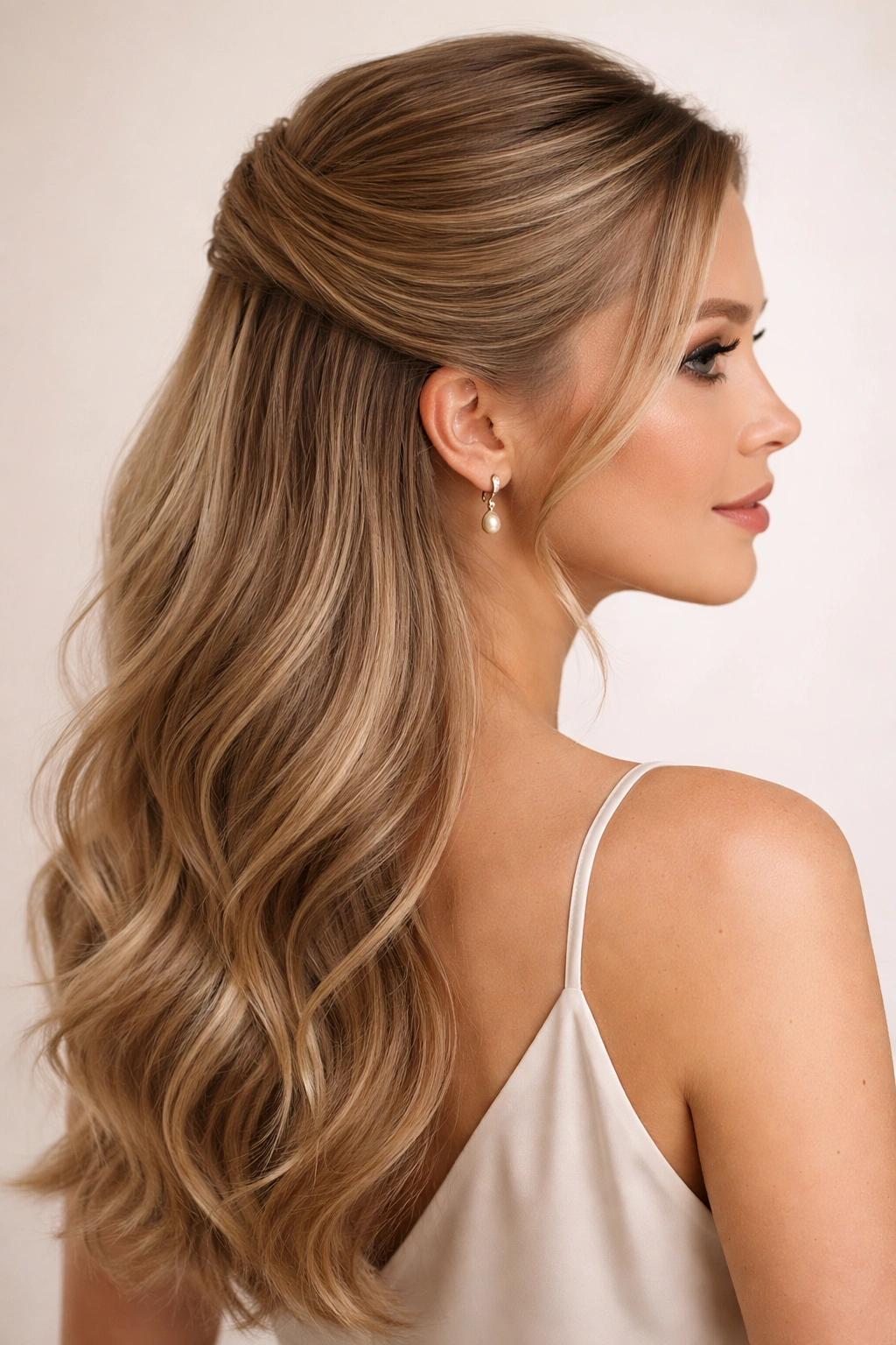 Portrait of curved half-up style with hair curved back into a graceful arc