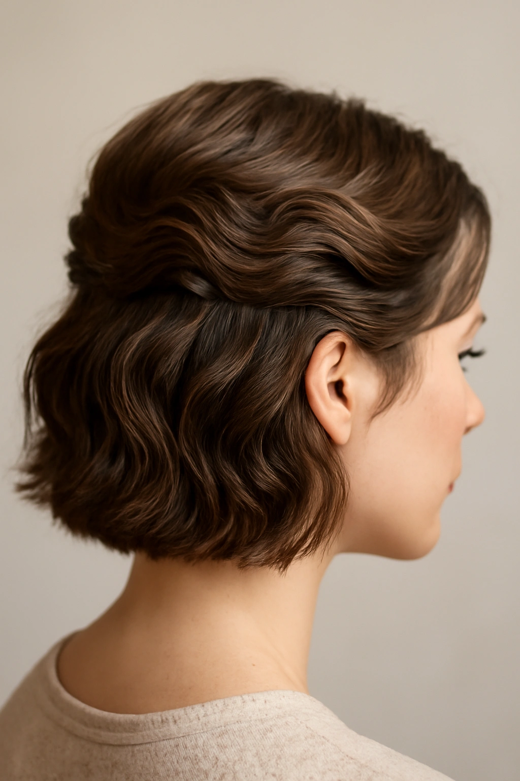 10 Half Up Styles for Short Hair You Can Try Today 7 Close-up of short hair showing curved pin-wave half-up style with left-down hair.