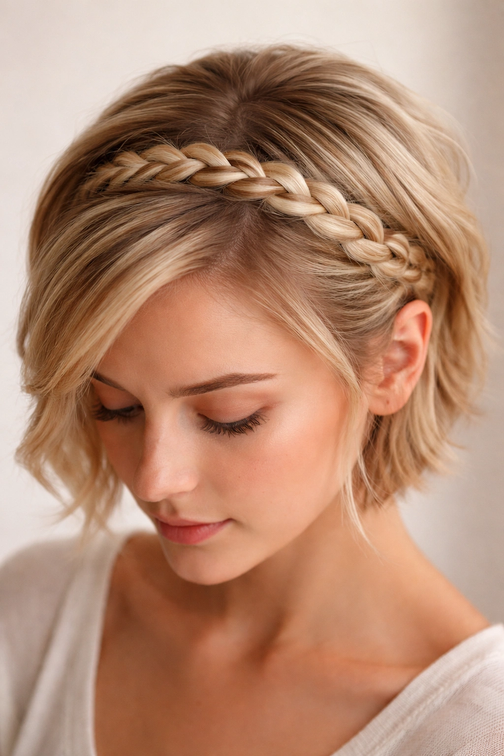 Close-up of a curved halo braid across the crown on short hair