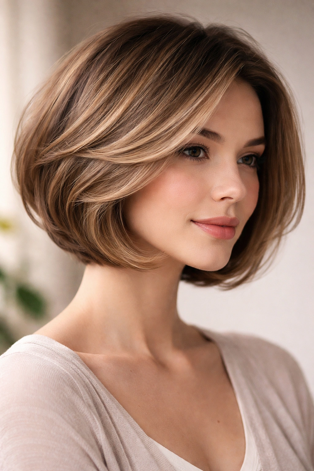 Model with curved layered bob creating a soft, rounded silhouette around the face.