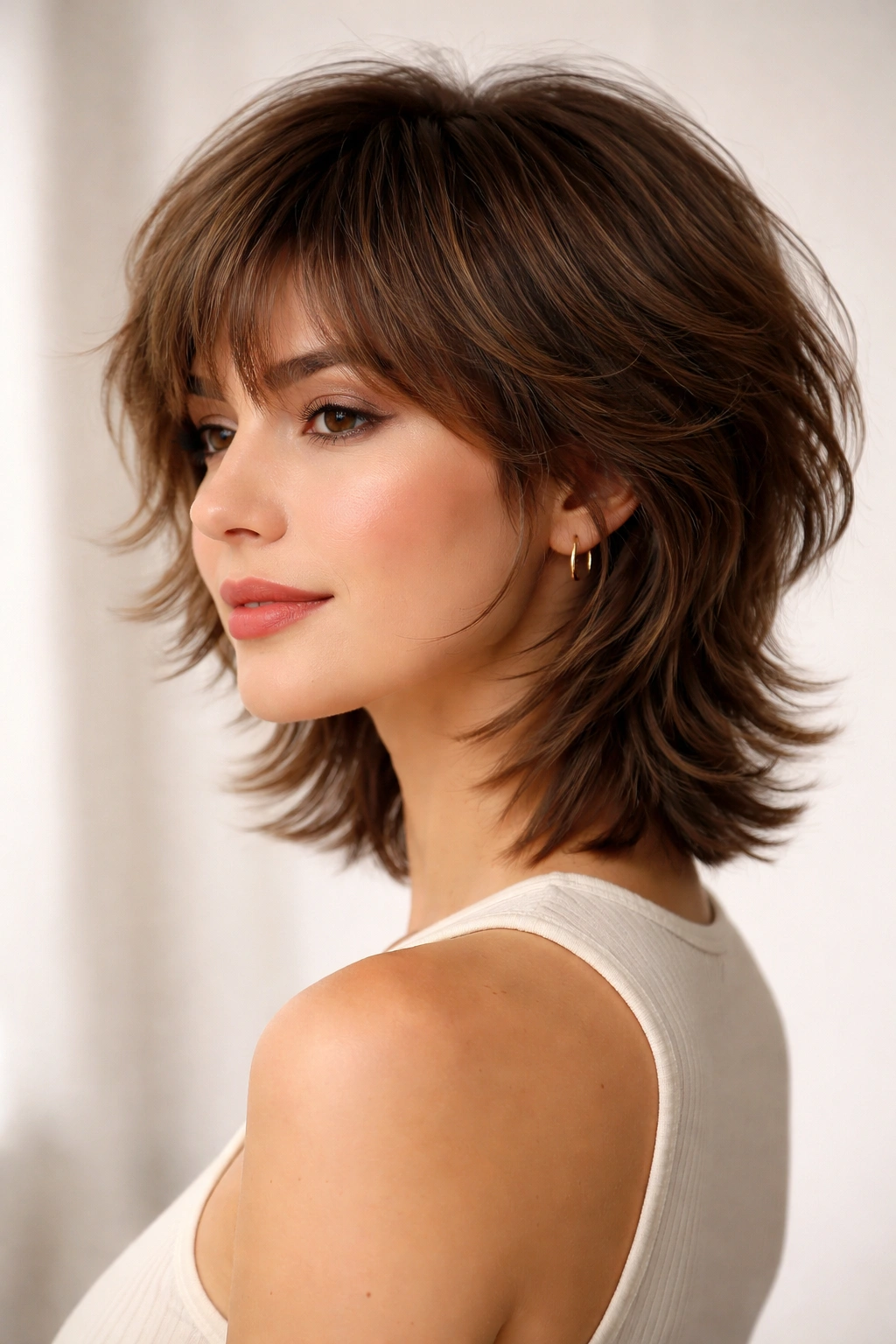 Portrait focusing on curved, rounded layers in a shag hairstyle.