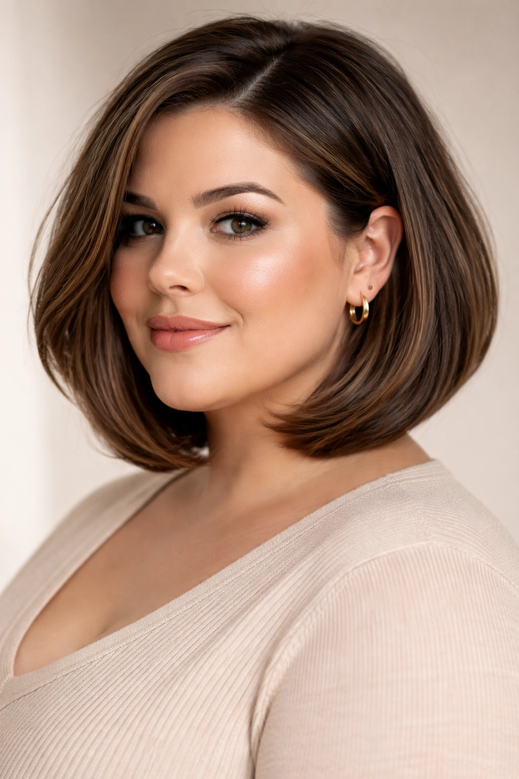 12 Short Haircuts For Plus Size Women With Round Faces 11 Curved lob haircut with inward curve along the jaw in a studio portrait