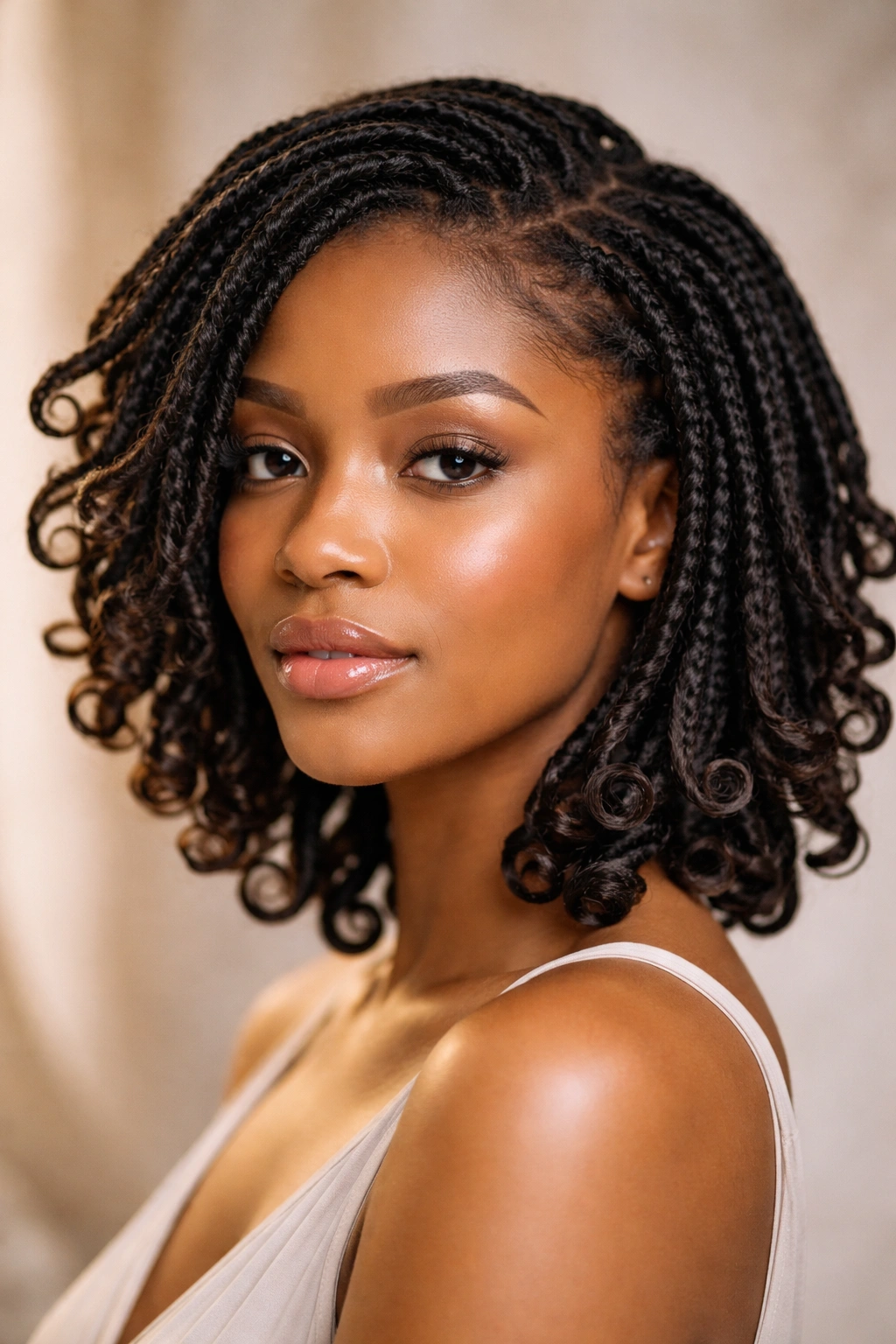 Close-up of short locs with curved tips catching light and adding dimension