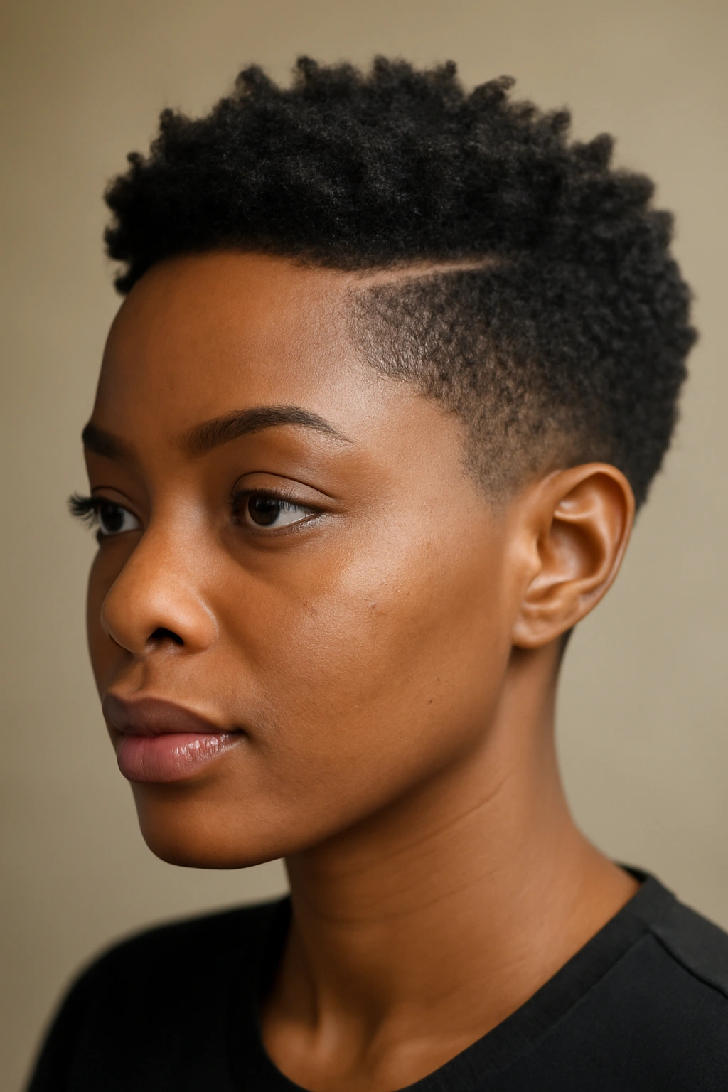 30 Short Haircuts for Black Women 19 Close-up of a curved part with textured crown on natural hair