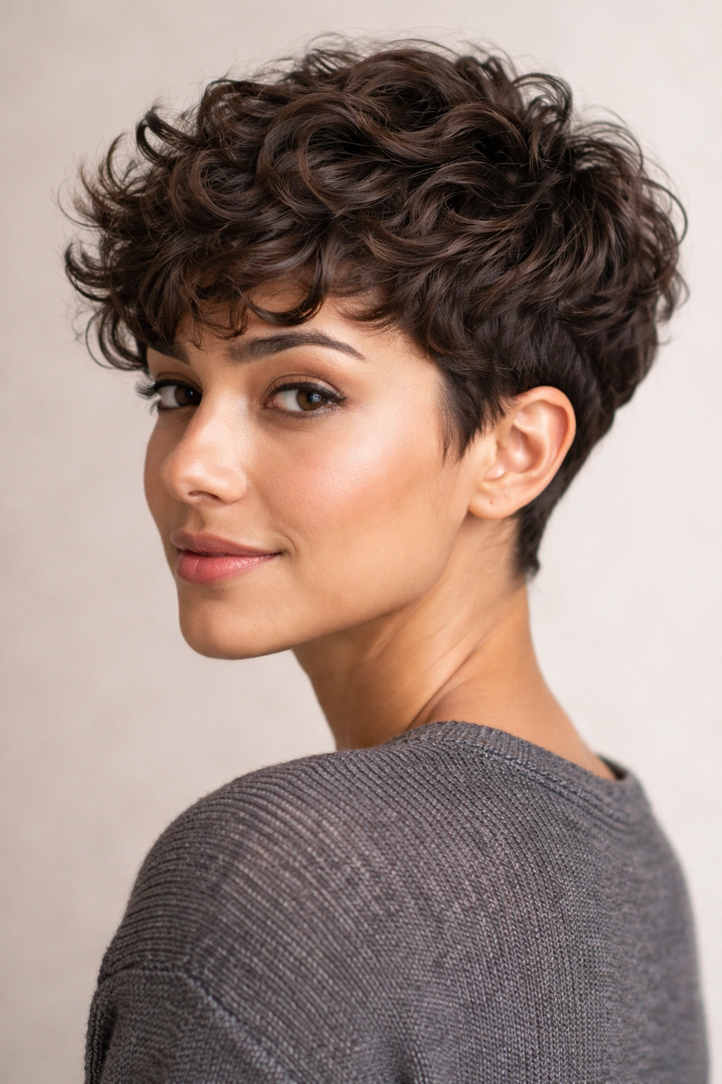 Close-up of a person with a curved pixie hairstyle