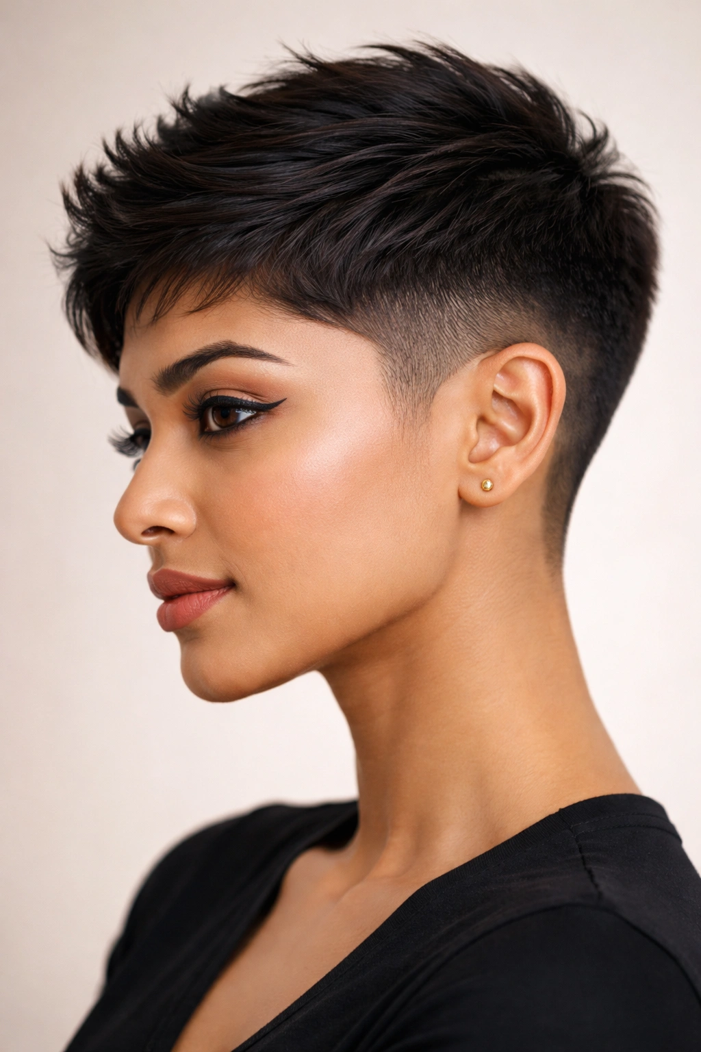 Portrait of a woman with a curved pixie fade showing curved side fade along the head.