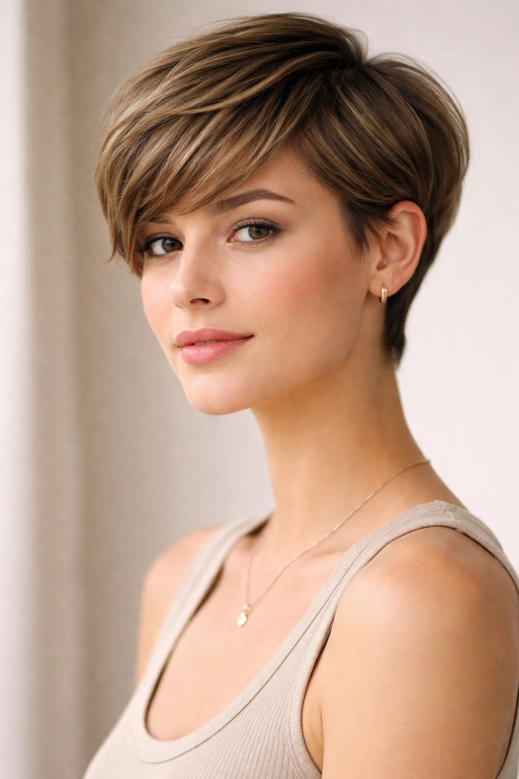 12 Low Maintenance Short Cuts You Can Air Dry 10 Close-up of a curved pixie hairstyle with soft, flowing layers