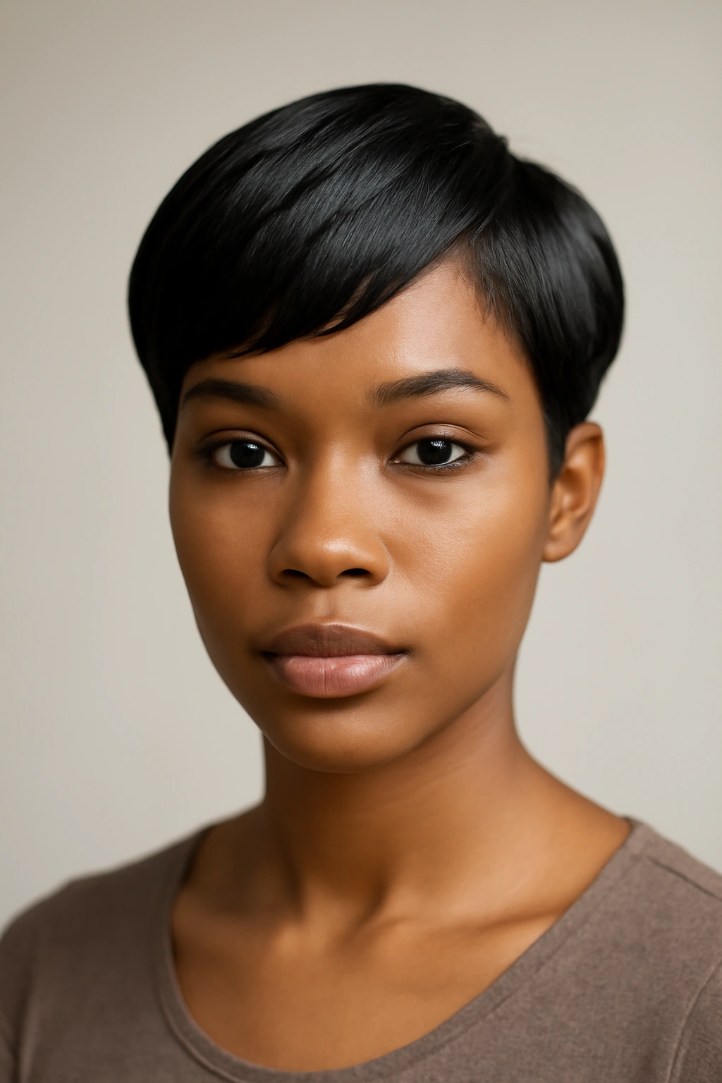 12 Short Weave Hairstyles Black Women Are Loving 7 Close-up portrait of The Sleek Curved Pixie showing soft rounded edges and short tapering sides in a studio setting.