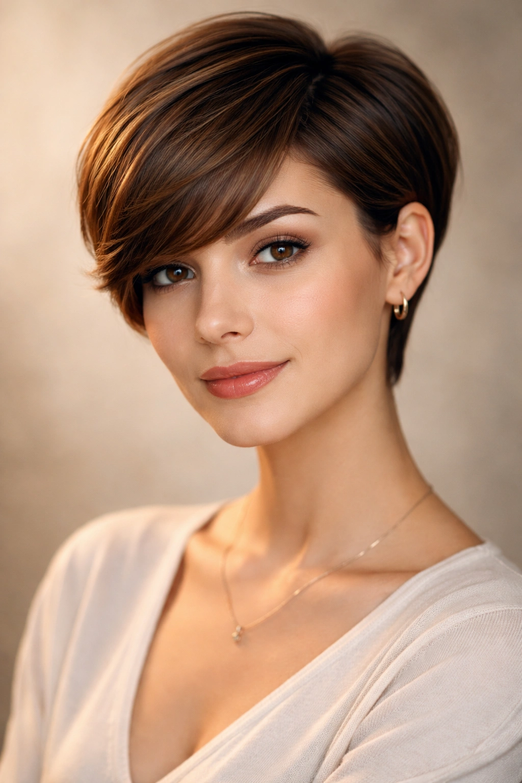 18 Pixie Cuts With Bangs For Any Face Shape 16 Portrait of a person with curved pixie and side-parted bangs