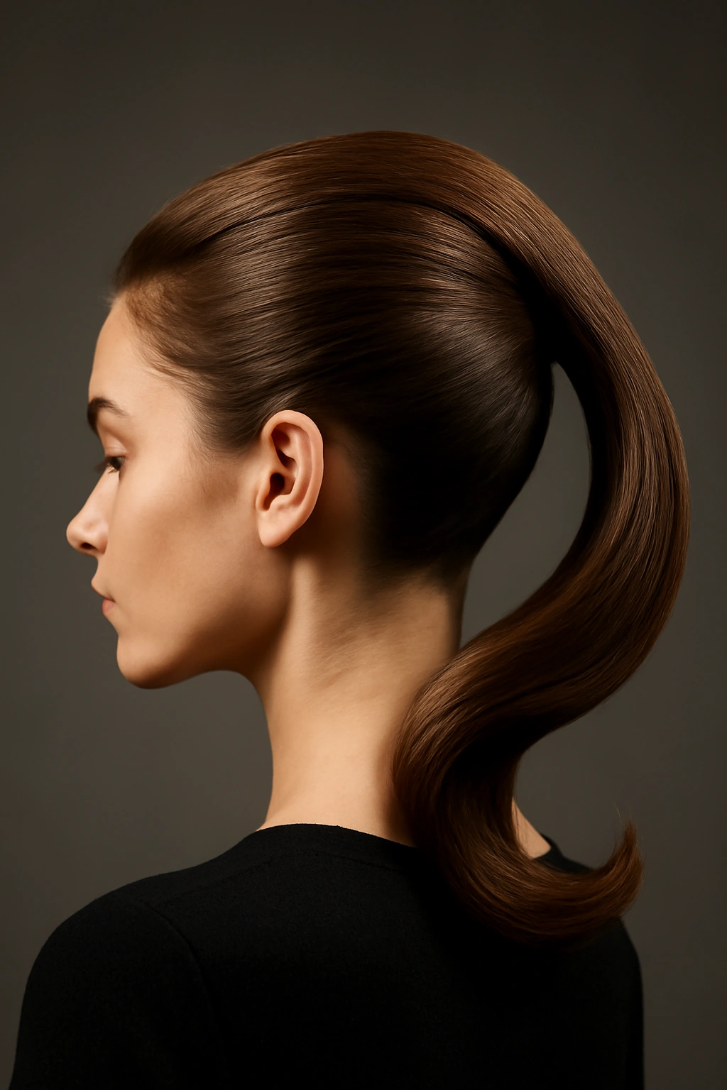 12 Polished Ponytail Hairstyles You Can Try Today 11 Profile of a sculpted curved ponytail forming a dramatic silhouette