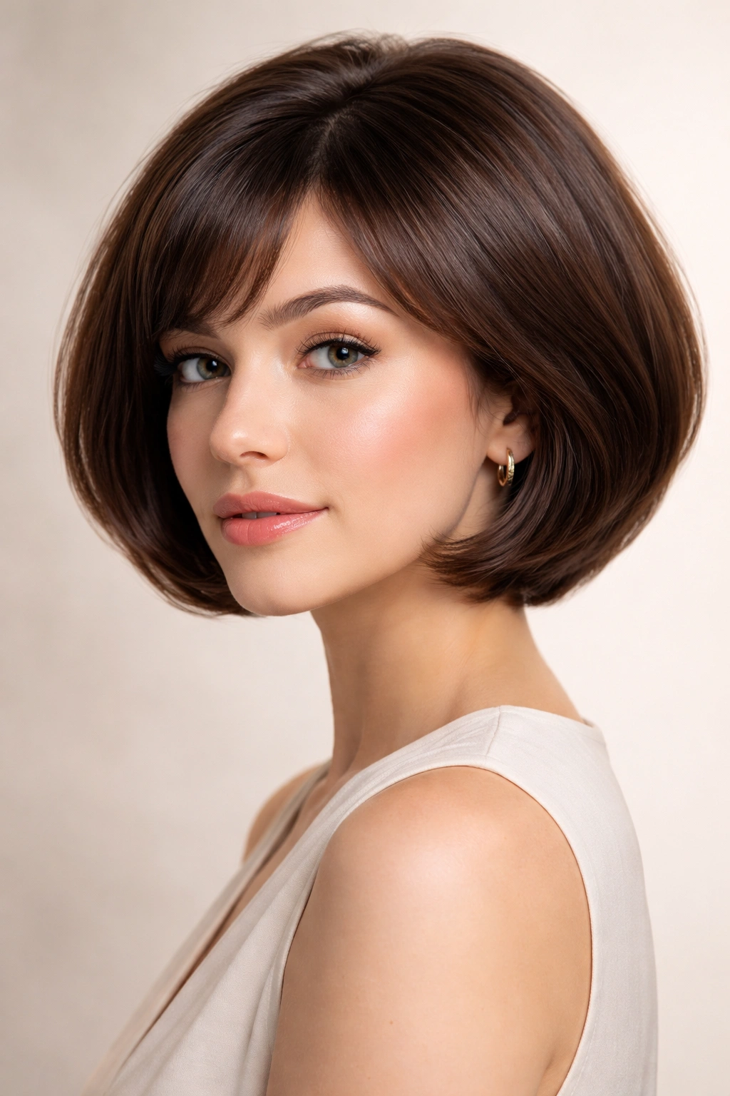 Curved rounded bob with soft halo around the face.