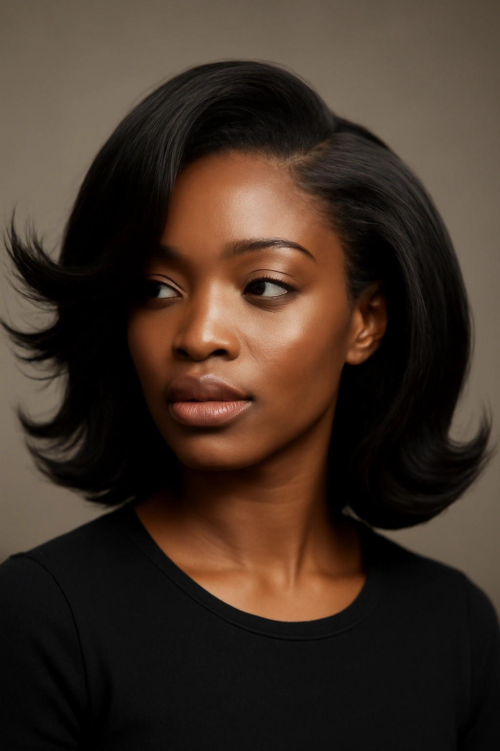 10 Flip Hairstyles Black Women Always Look Great In 3 Portrait of The Curved Side-Part Flip with curved part and dramatic outward flips on a Black woman