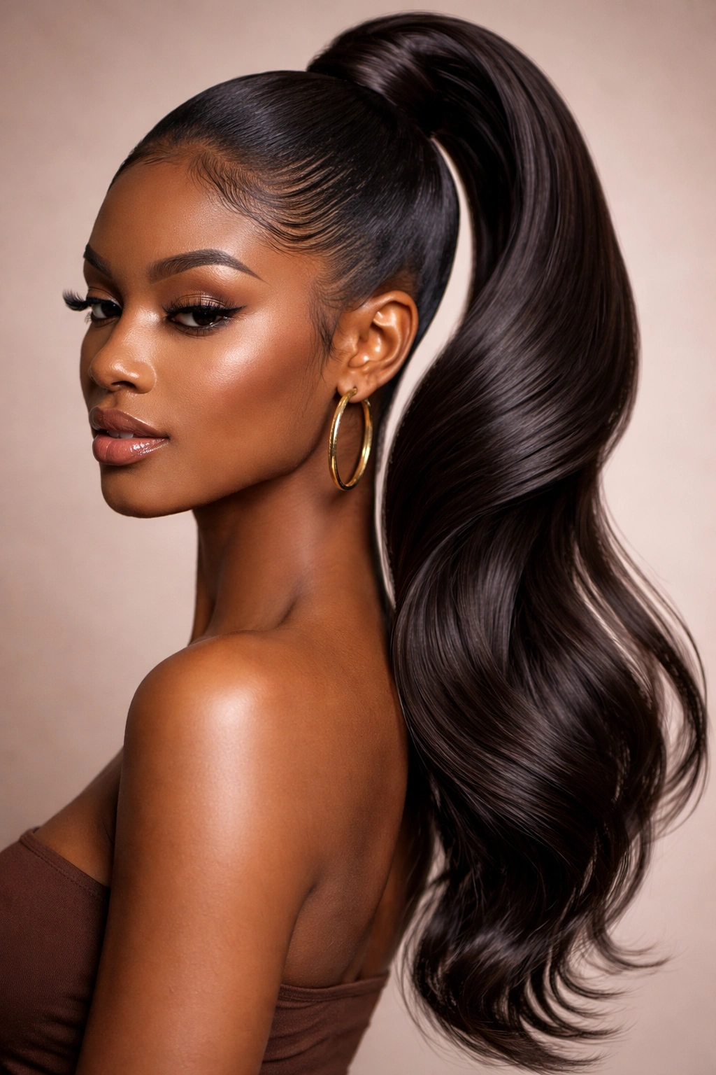Close-up of a curved swooped ponytail with off-center gathering