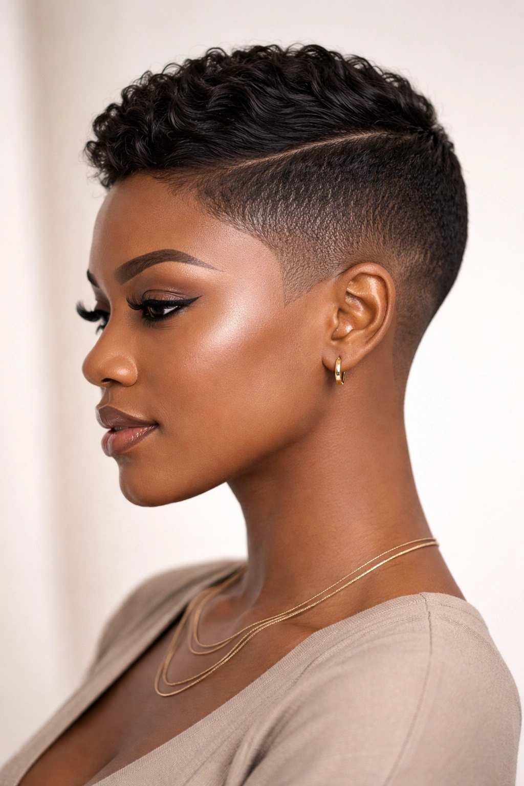 Three-quarter view of a curved tapered fade with textured top