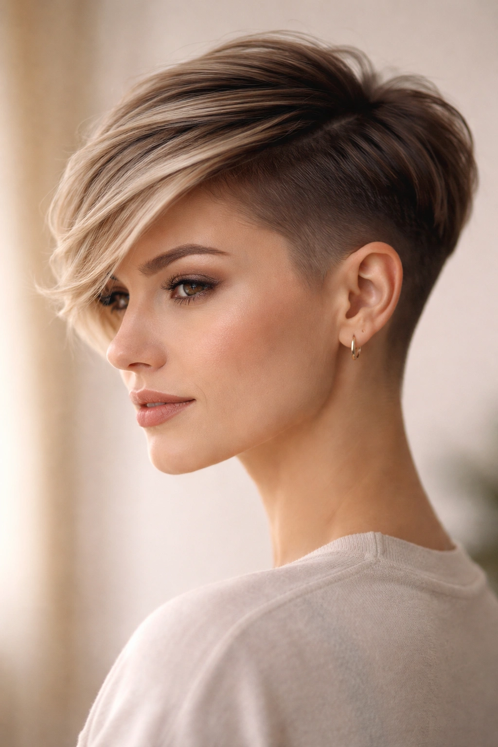 8 Undercut Pixie Styles From Soft To Sharp 7 Close-up portrait of curved undercut pixie with rounded edges and arc top in studio lighting