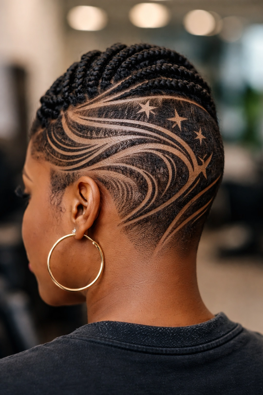 Close-up of a bespoke custom line design on natural hair texture