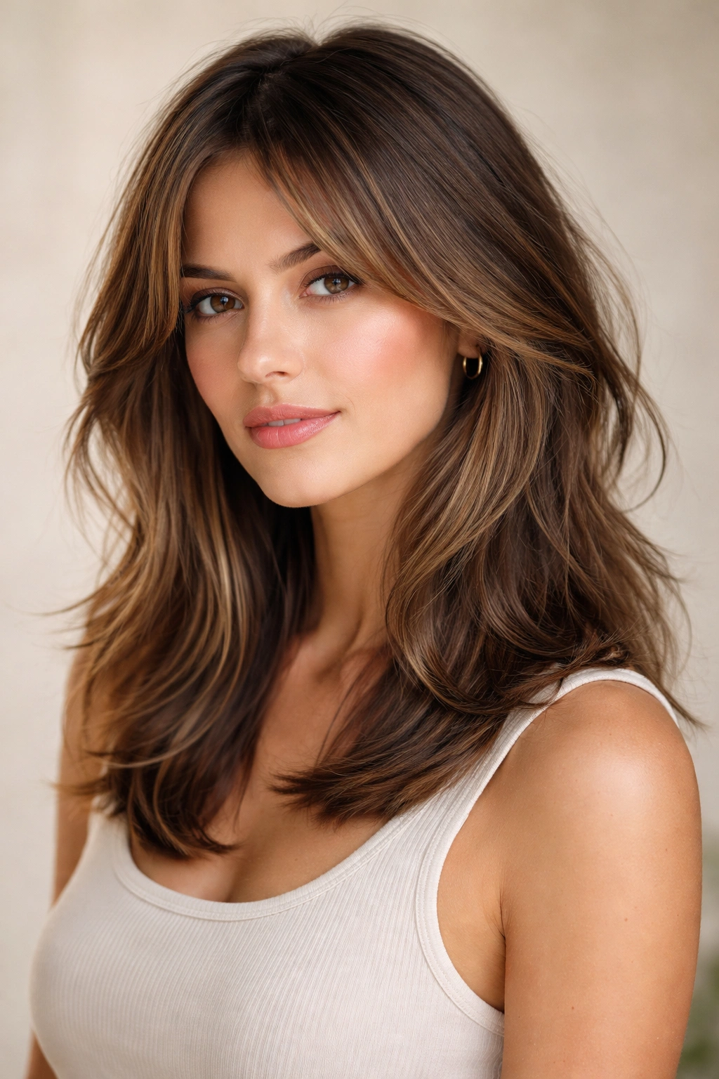 Portrait of a person with a customizable medium-length layered haircut showing blending and texture