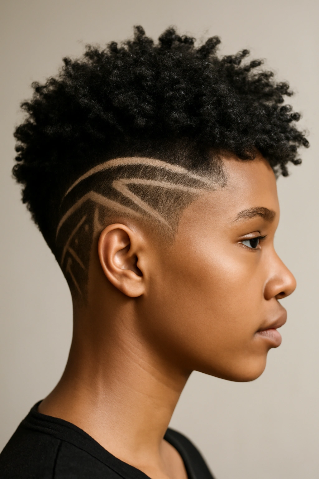 12 Short Curly Natural Hairstyles for Black Women 9 Side profile showing shaved pattern on the sides with curls on top.