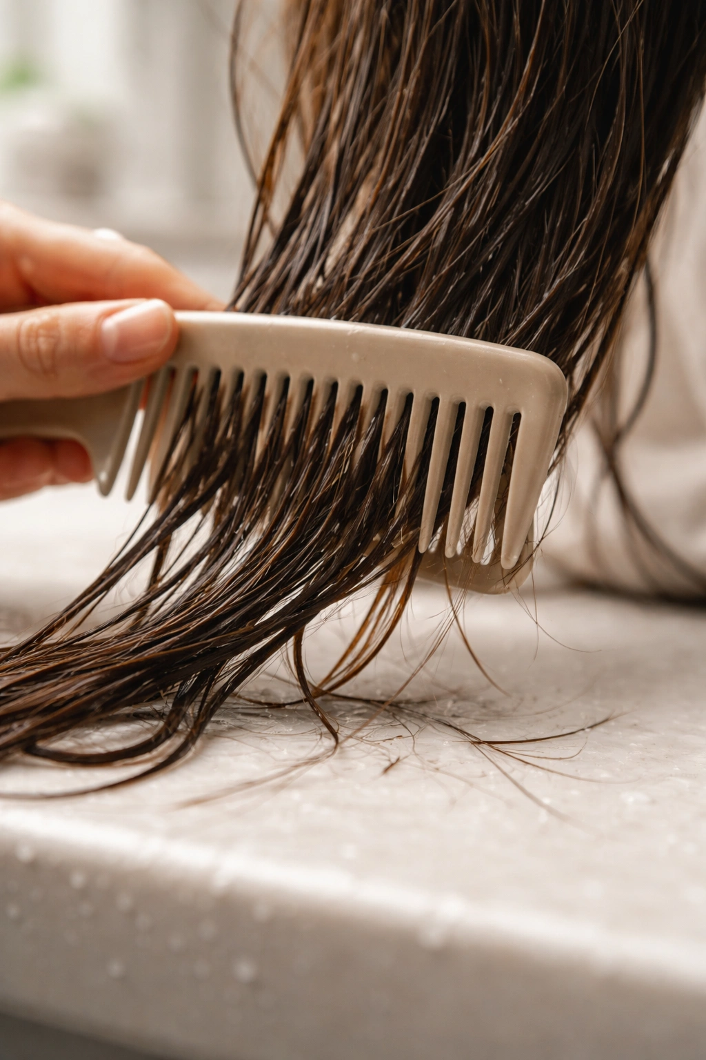 Wet hair being combed gently with a wide-tooth comb