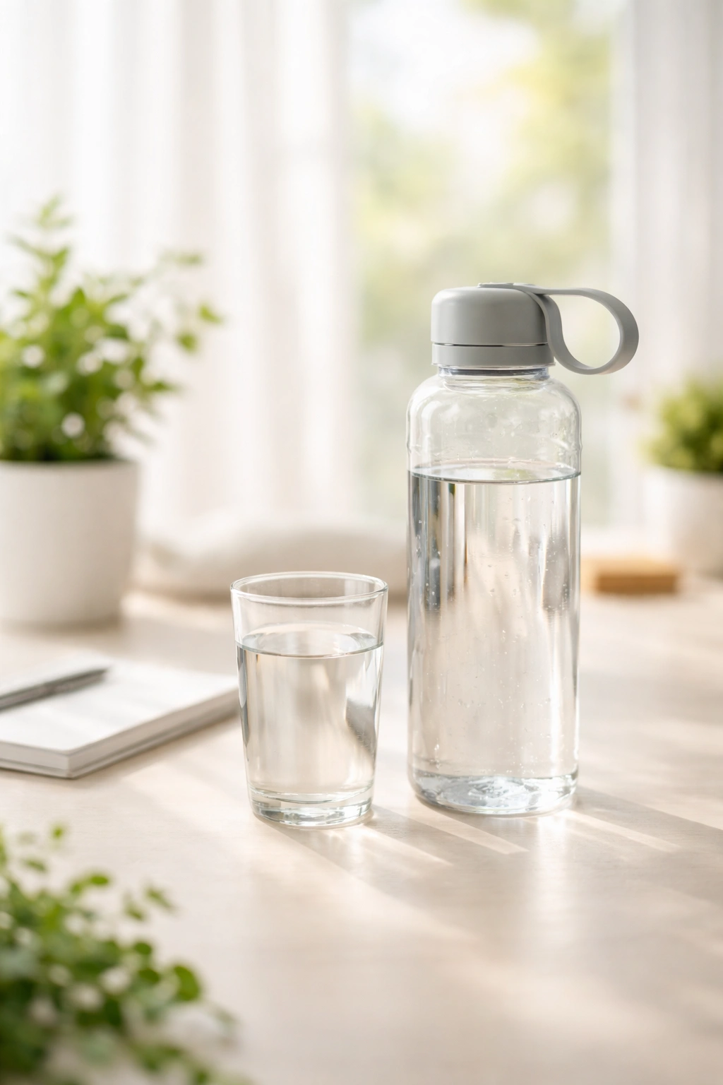 Desk scene with water bottle and glass promoting daily hydration for hair health