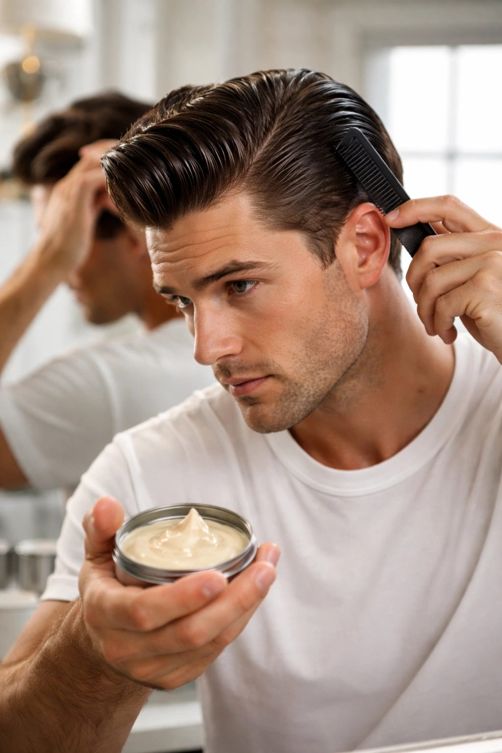Close-up of hands applying pomade and combing damp hair for 1950s style