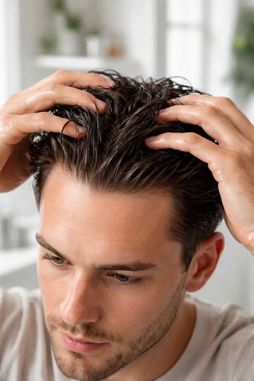 Hands styling damp hair on a head to boost volume, no text visible.