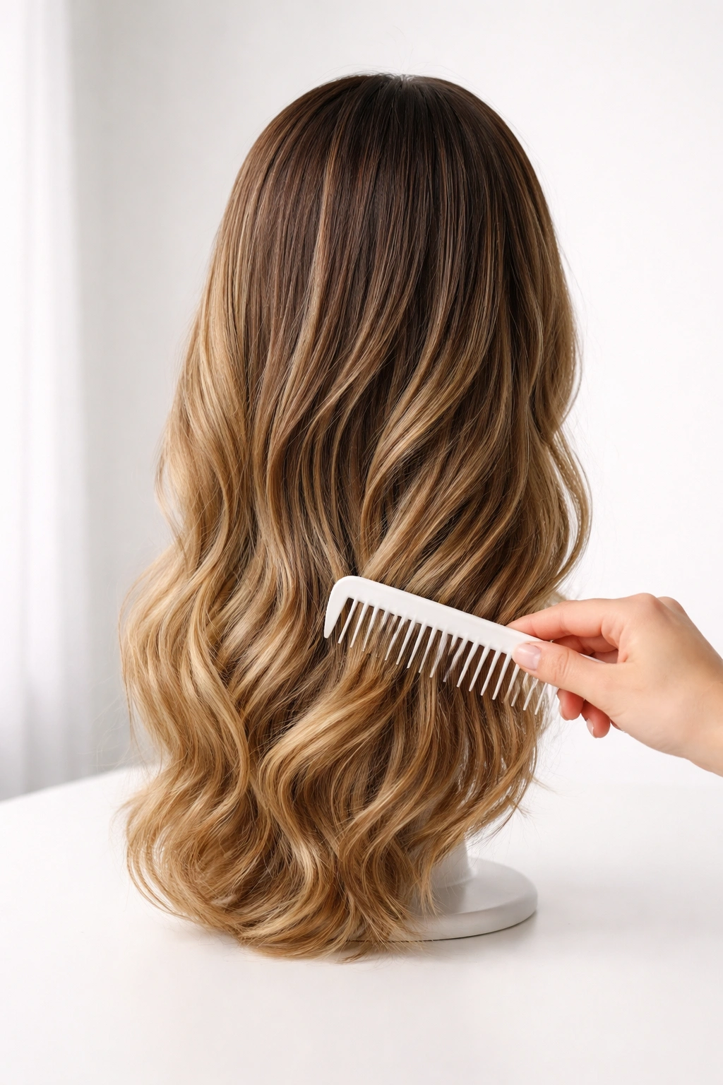Wig on stand being gently detangled with a wide-tooth comb