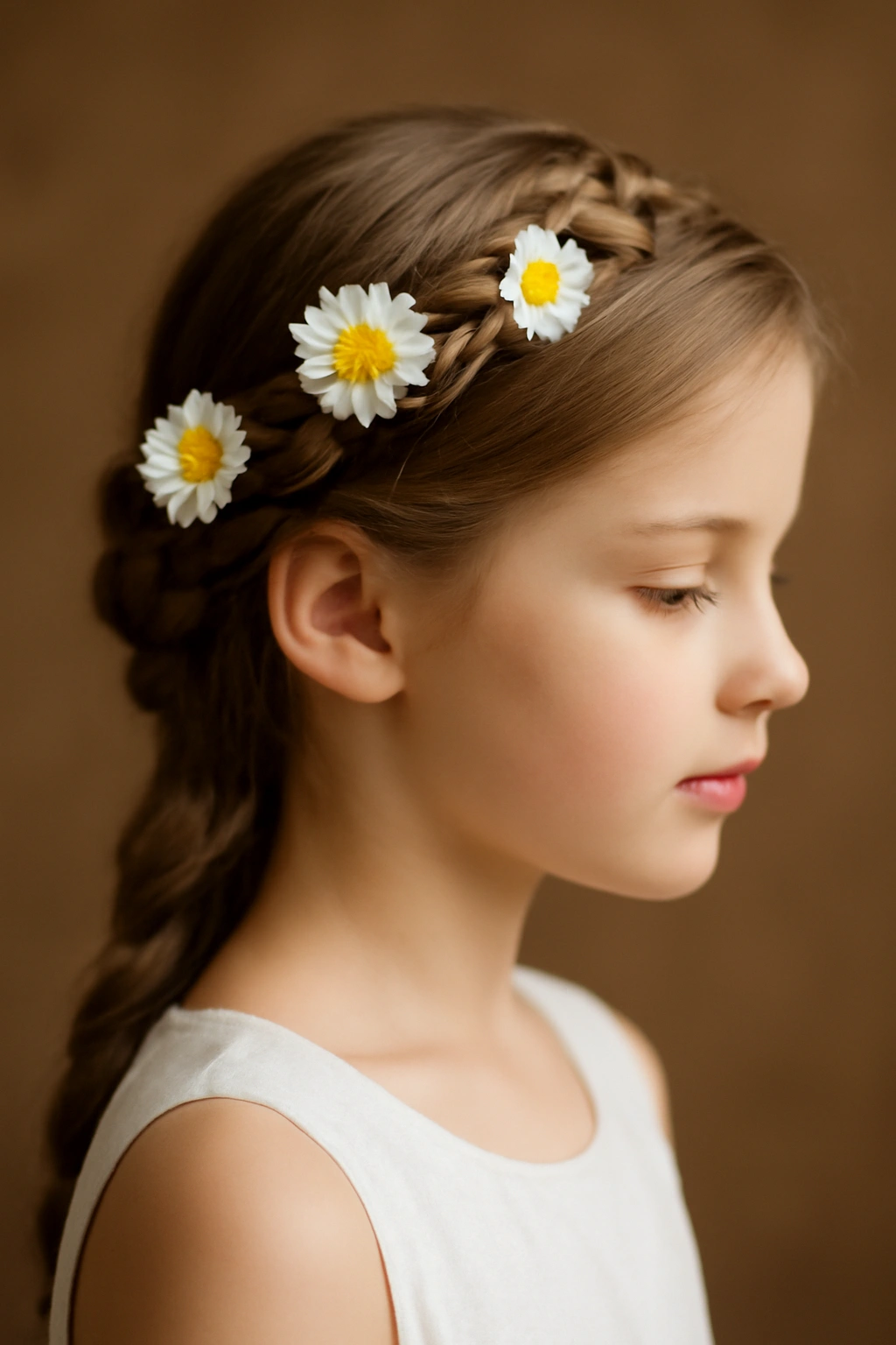 10 Braided Crown Hairstyles Every Flower Girl Needs 1 Close-up of a flower girl wearing a daisy-chain Dutch braid crown around her head