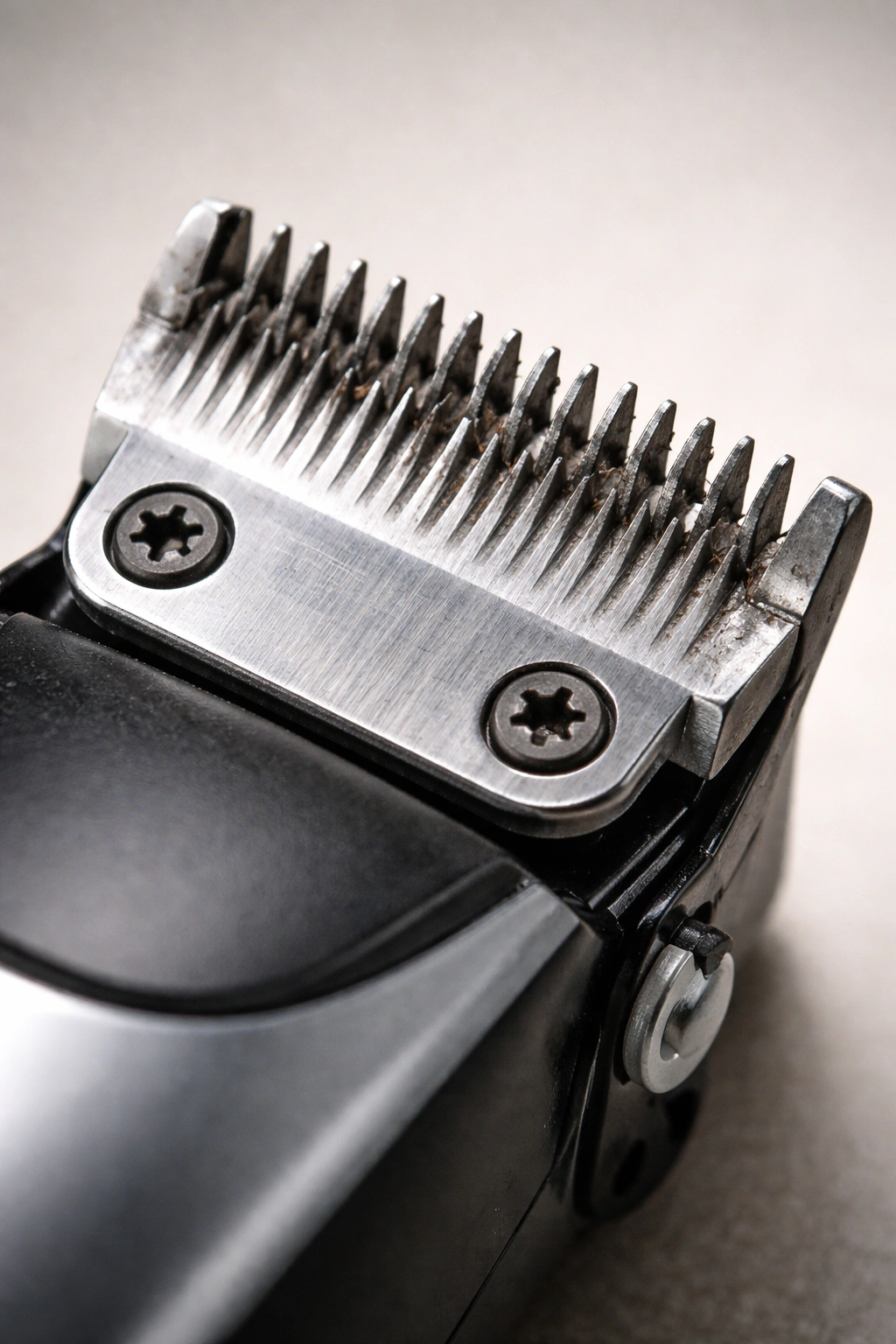 Close-up of worn clipper blade with chipped teeth