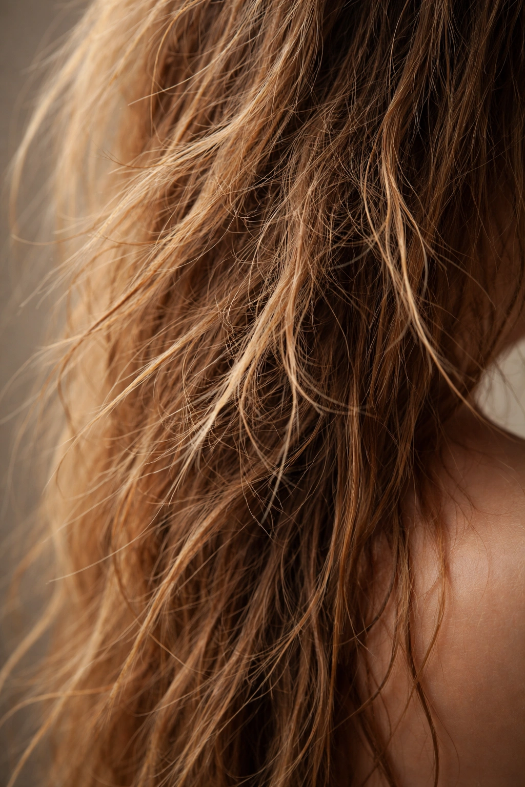 Severely damaged dry hair with frizz and split ends.