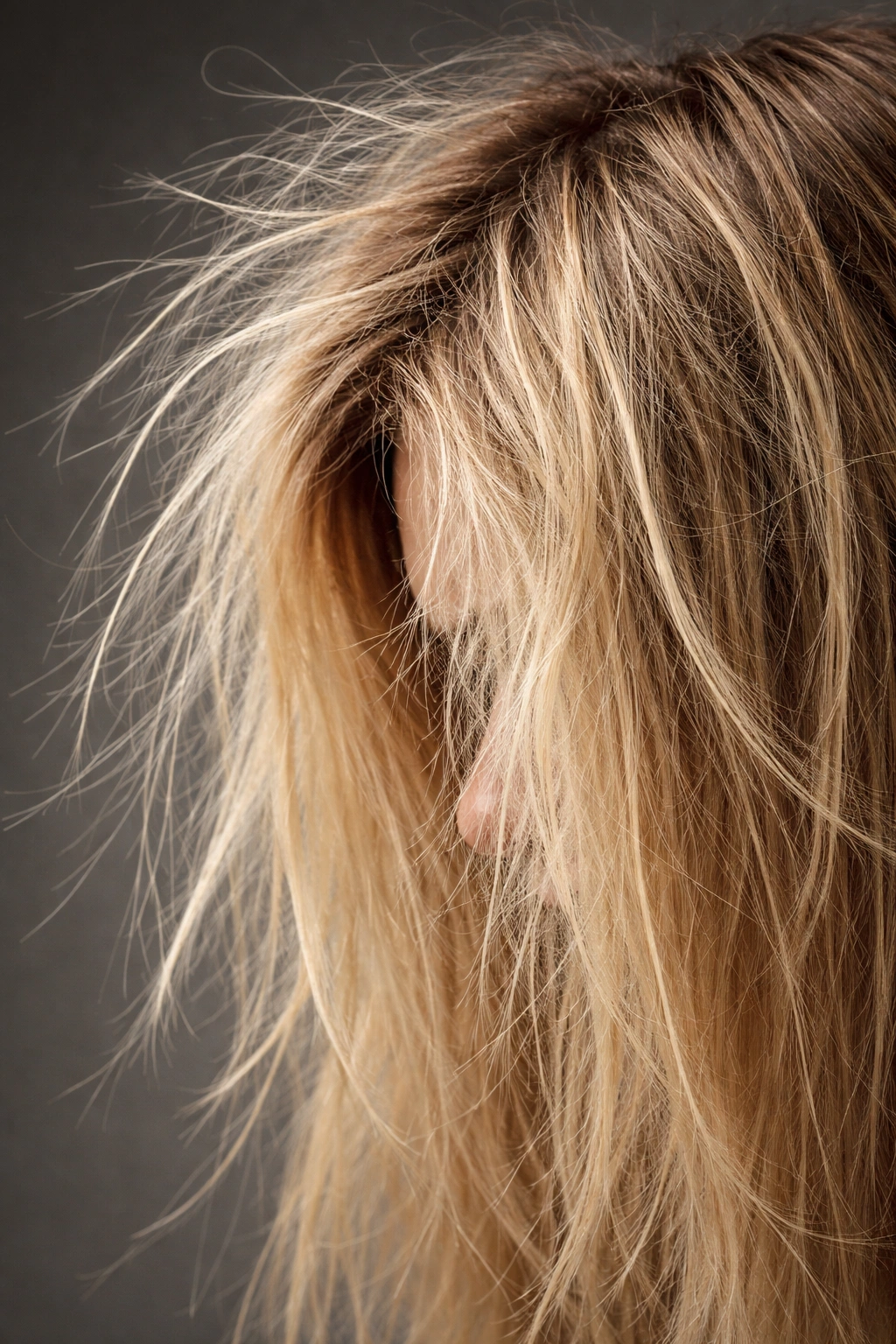 Close-up of severely damaged hair showing breakage and dryness