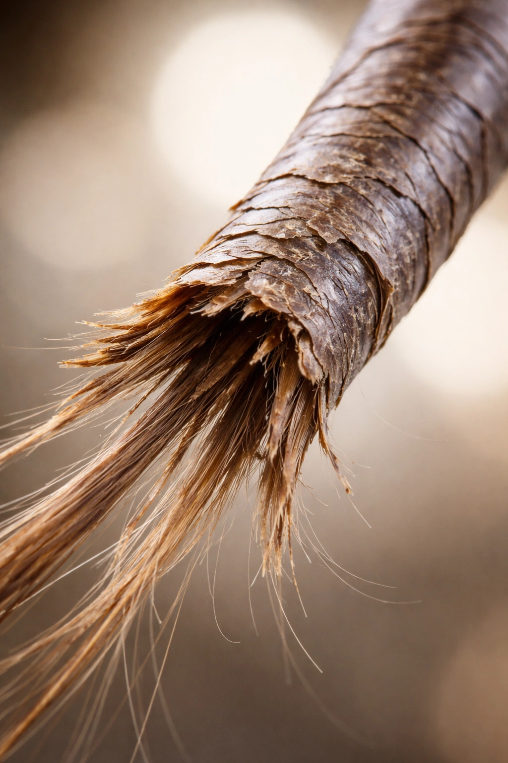 Macro image of damaged hair with split cuticle under magnified light