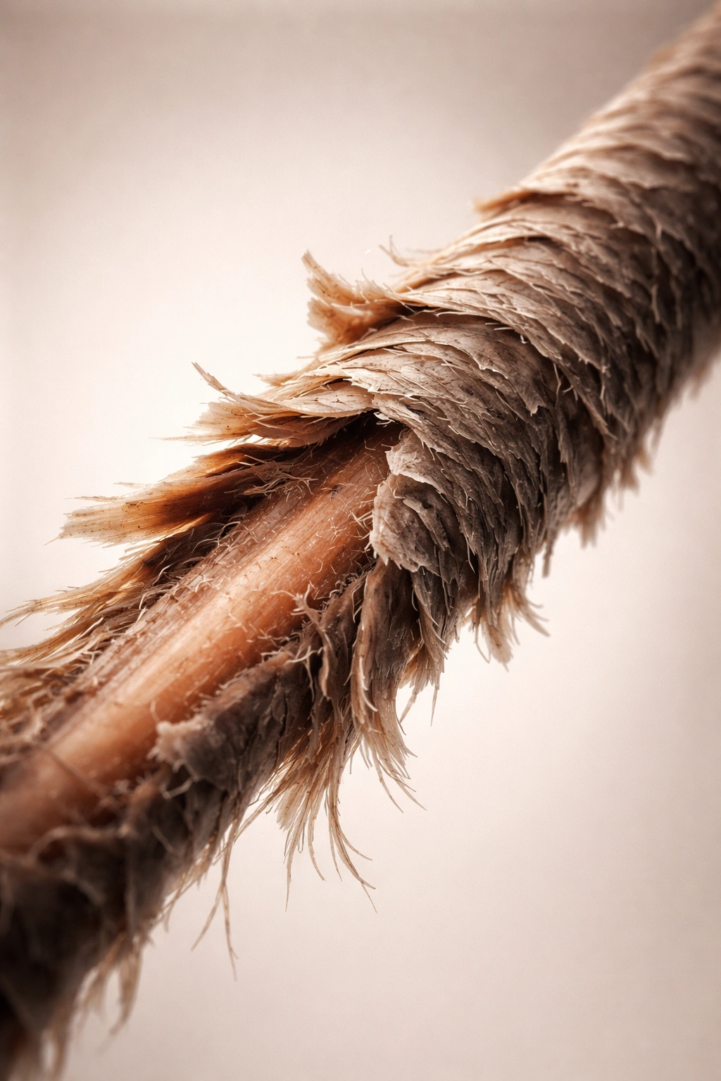 Close-up of a damaged hair strand with lifted cuticle scales
