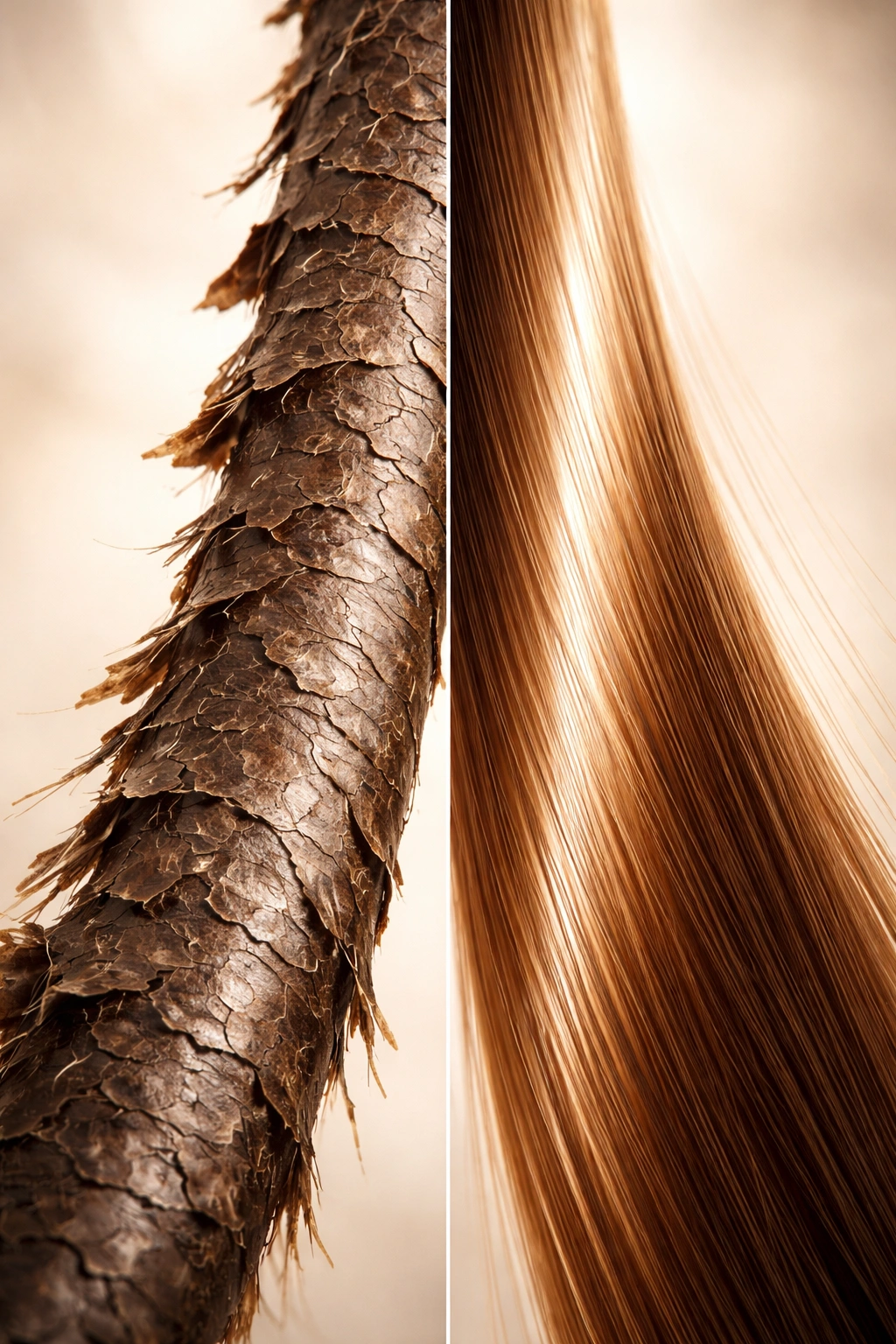 Hair strand displaying damaged vs smooth surface to illustrate repair vs disguise