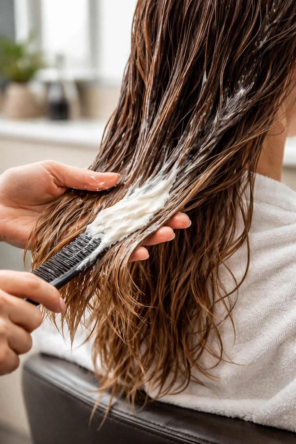 Close-up of damaged hair being repaired with protein treatment on mid-lengths to ends