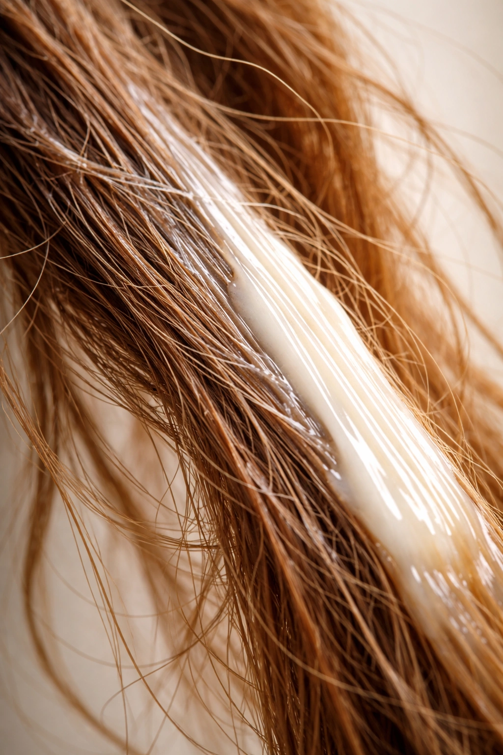 Close-up of damaged frizzy hair with conditioning shine