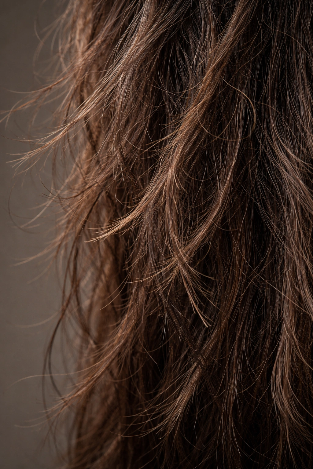 Close-up of damaged hair showing rough texture, dull shine, frizz and split ends
