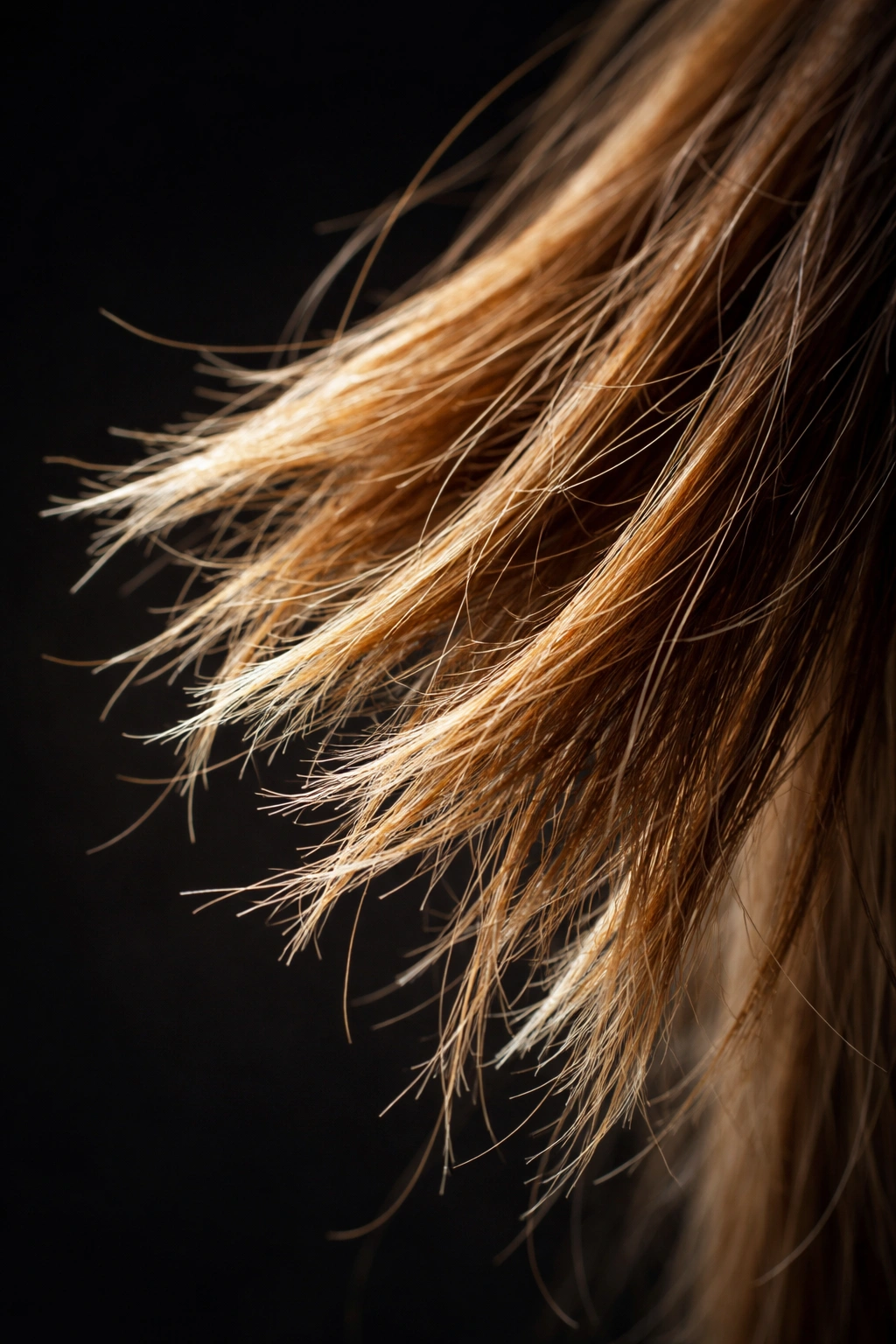 Extreme close-up of severely damaged hair ends showing frayed cuticles