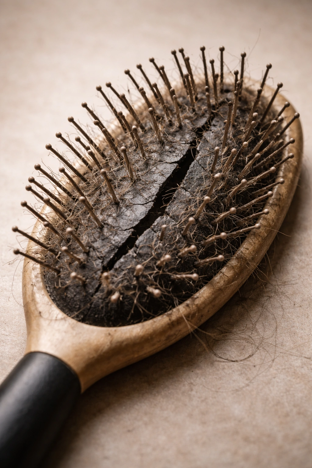 Damaged hairbrush showing cracked cushion and bent bristles indicating replacement