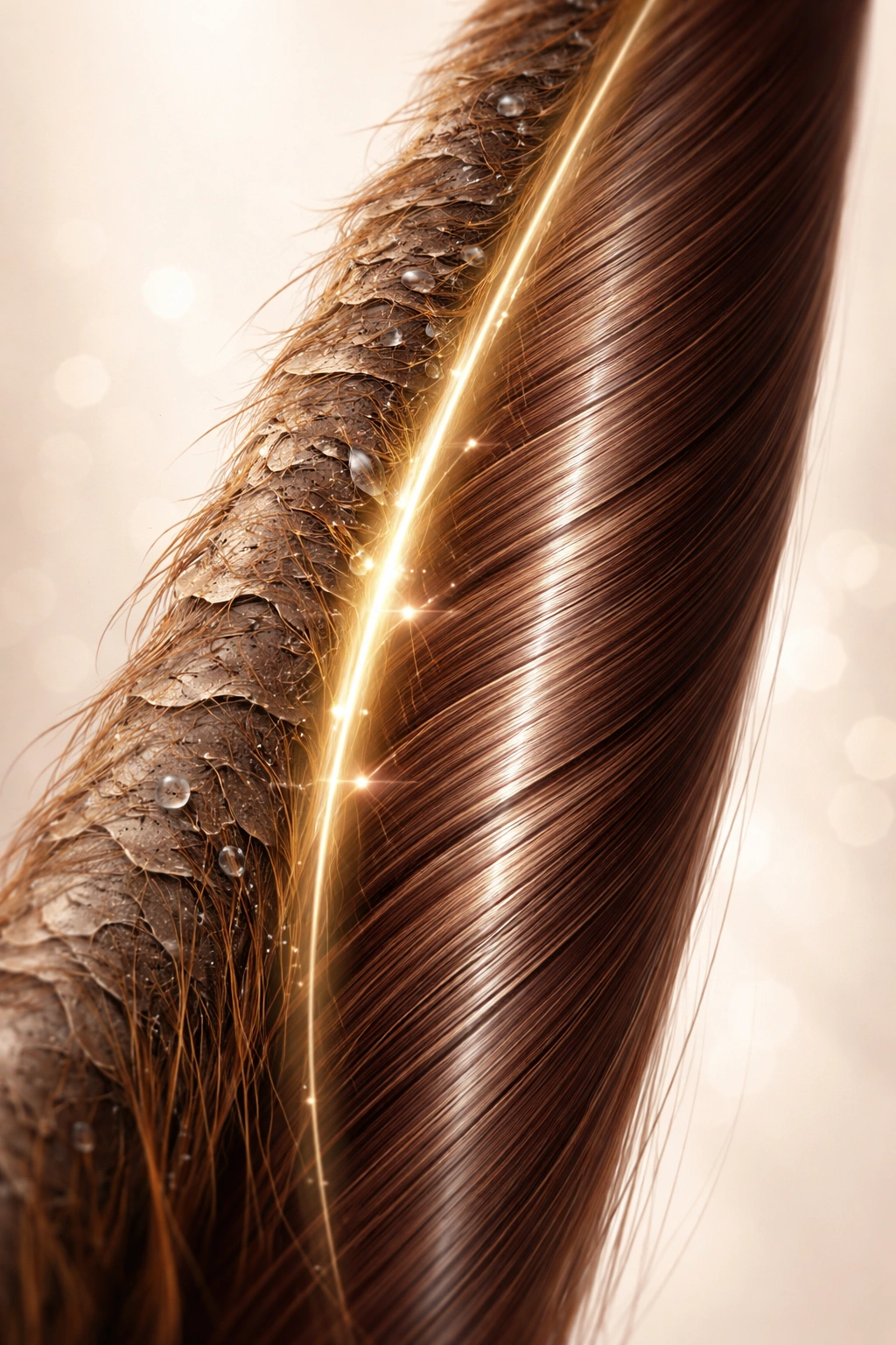 Hair strand showing repaired cuticle after treatment