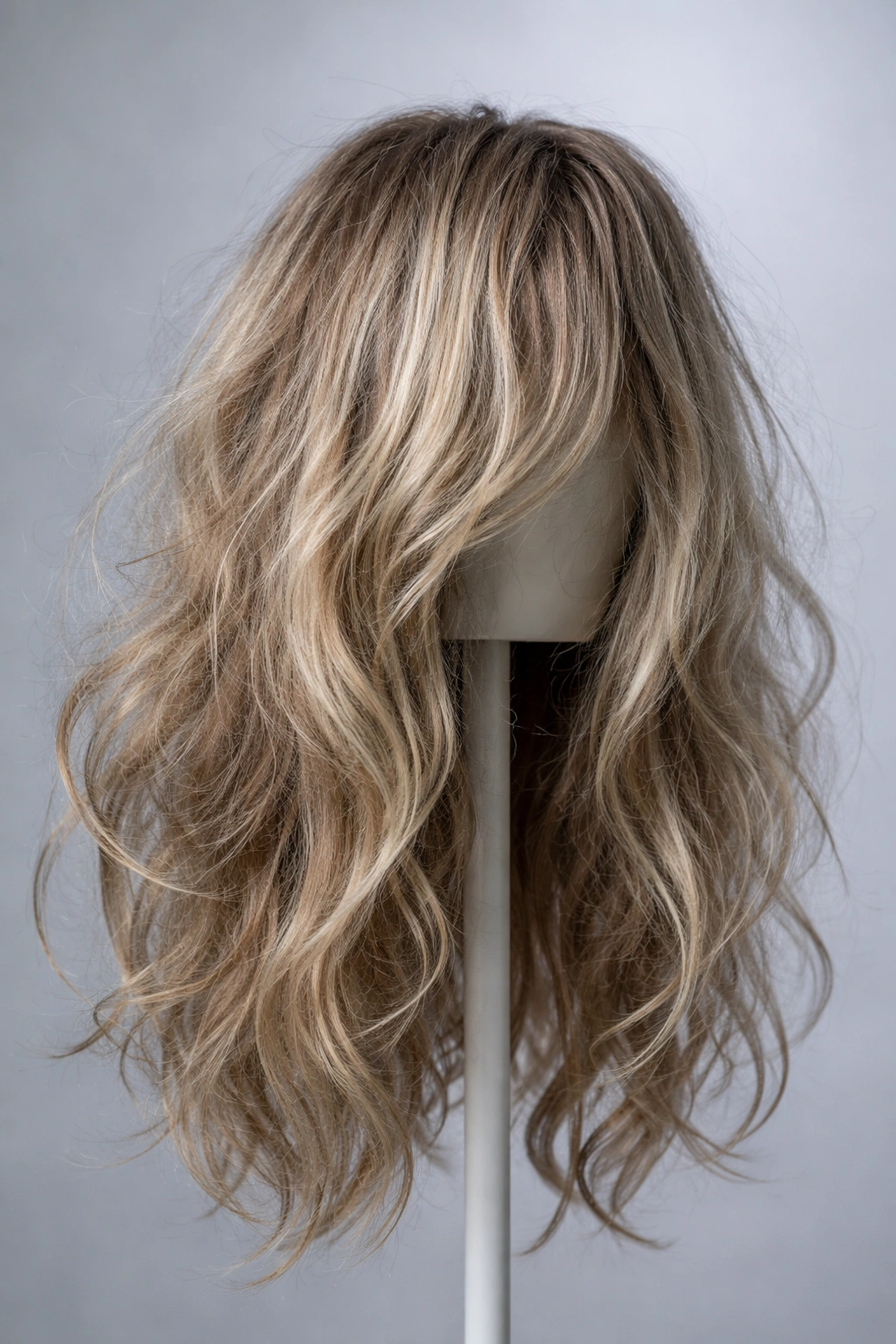Damaged frizzy synthetic wig on a stand indicating it's not advisable to dye