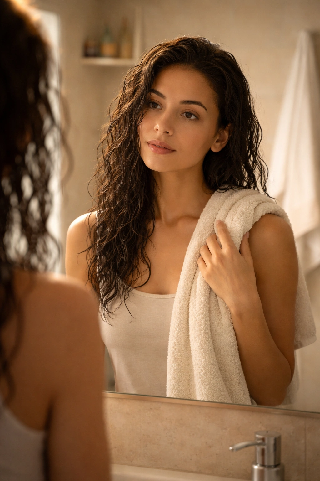 Medium shot of a person with damp hair in a softly lit bathroom reflecting on drying times