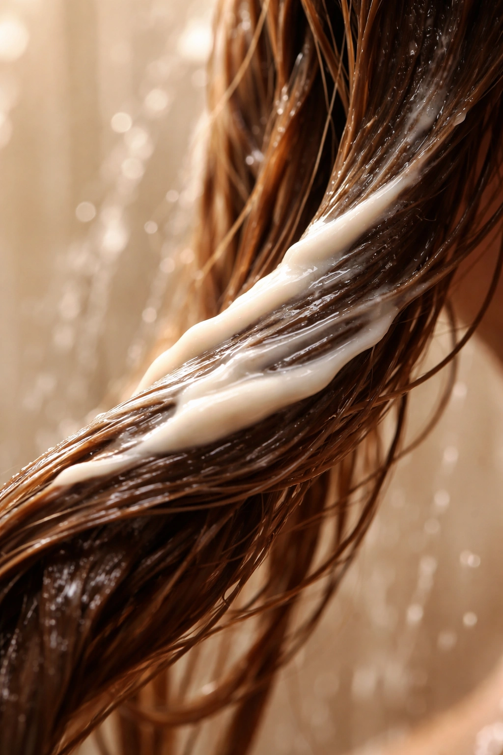 Damp hair strand with conditioner coating on mid-lengths in a shower setting