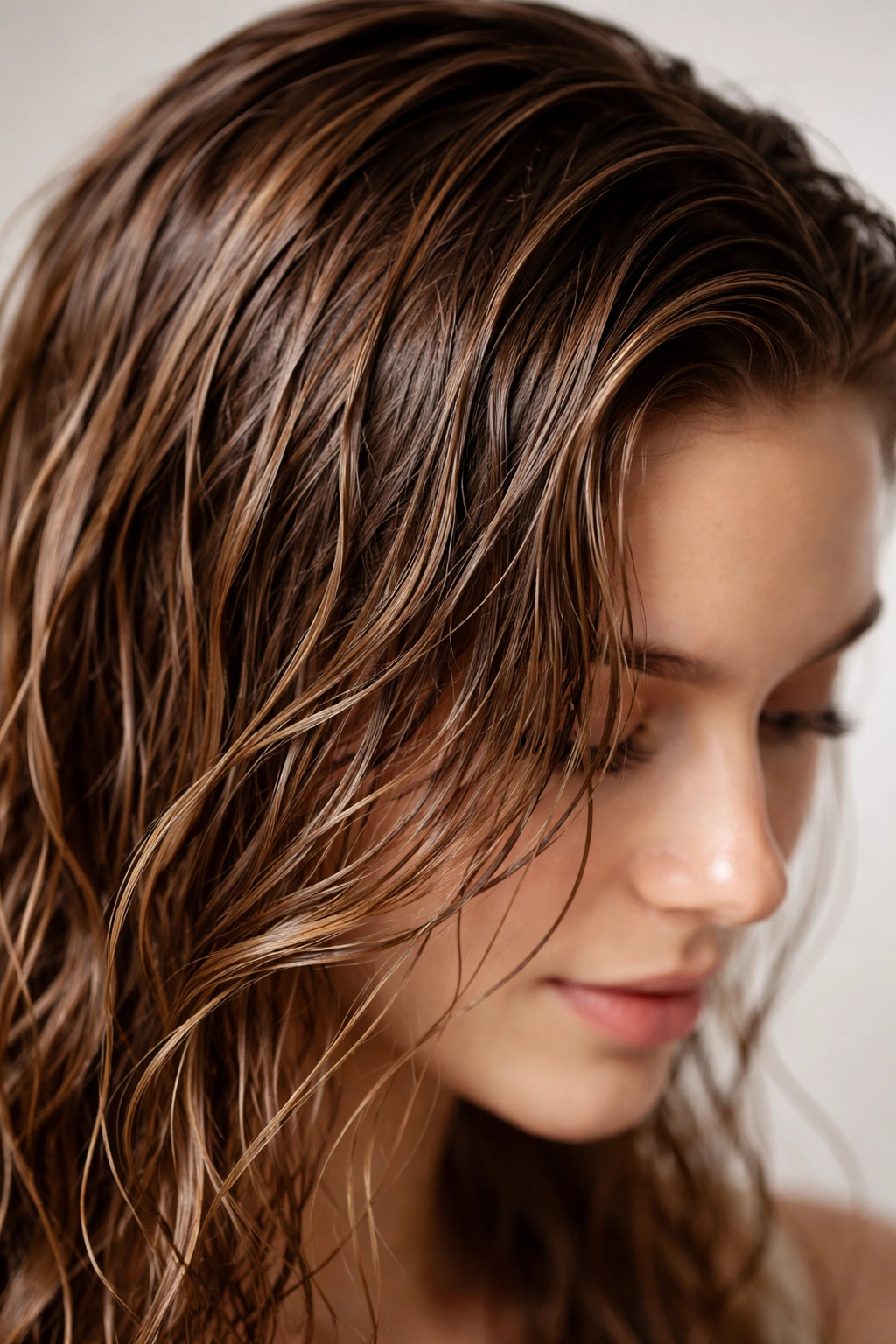 Close-up of damp, freshly washed hair with glossy texture