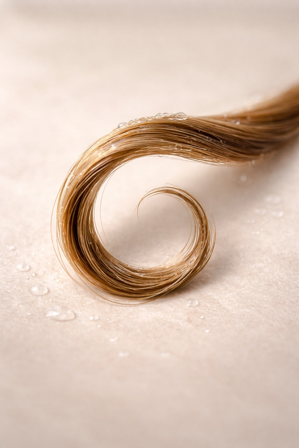 Damp hair strand curled into a neat ring on a neutral background, representing final mousse timing.
