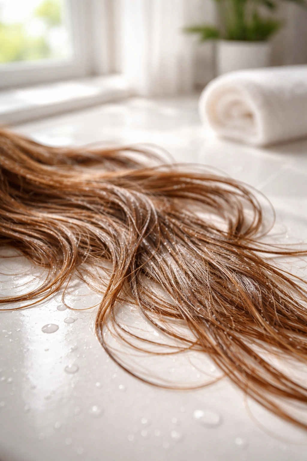 Damp hair on a white bathroom counter with droplets