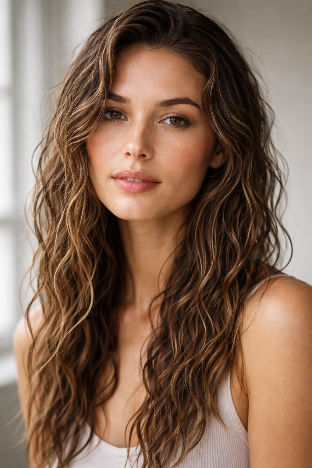 Close-up of damp-set waves formed with mousse on air-dried hair