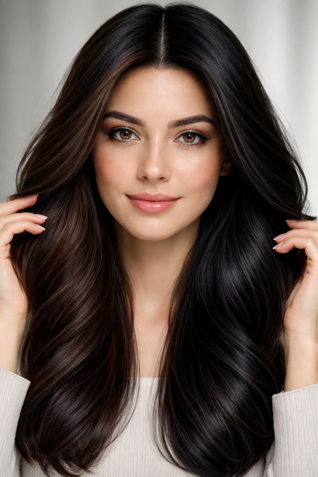 Dark hair with subtle dual-tone gradient suggesting brown and black