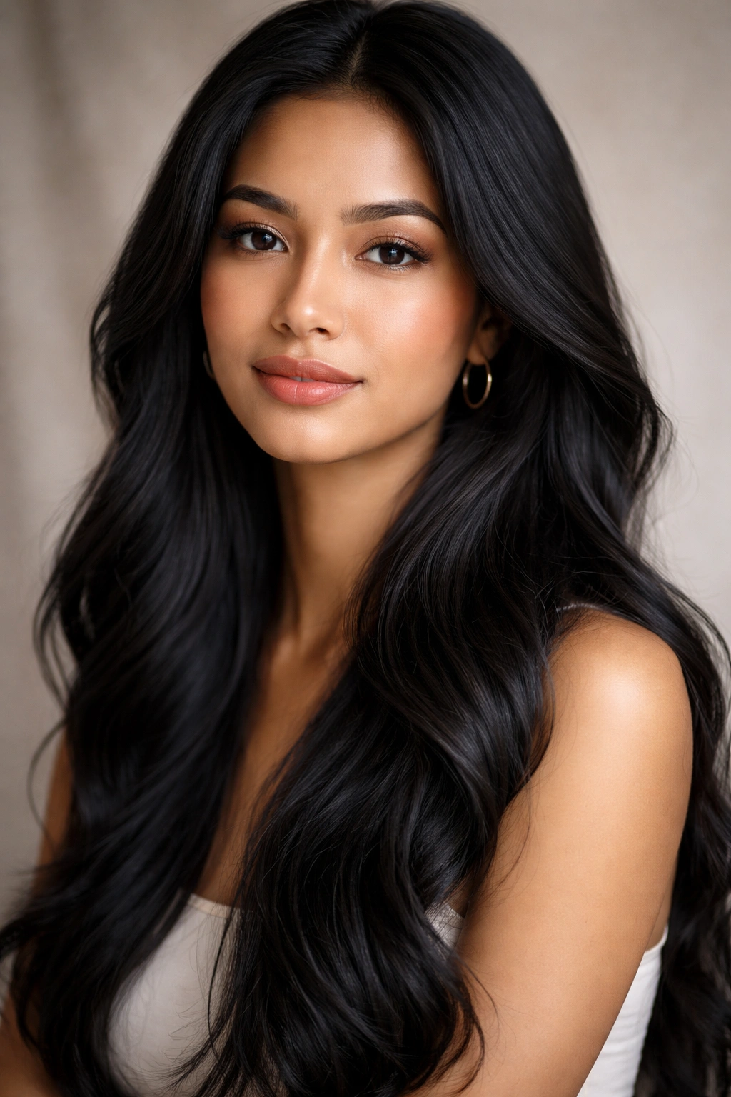 Portrait of a person with natural dark hair in studio lighting